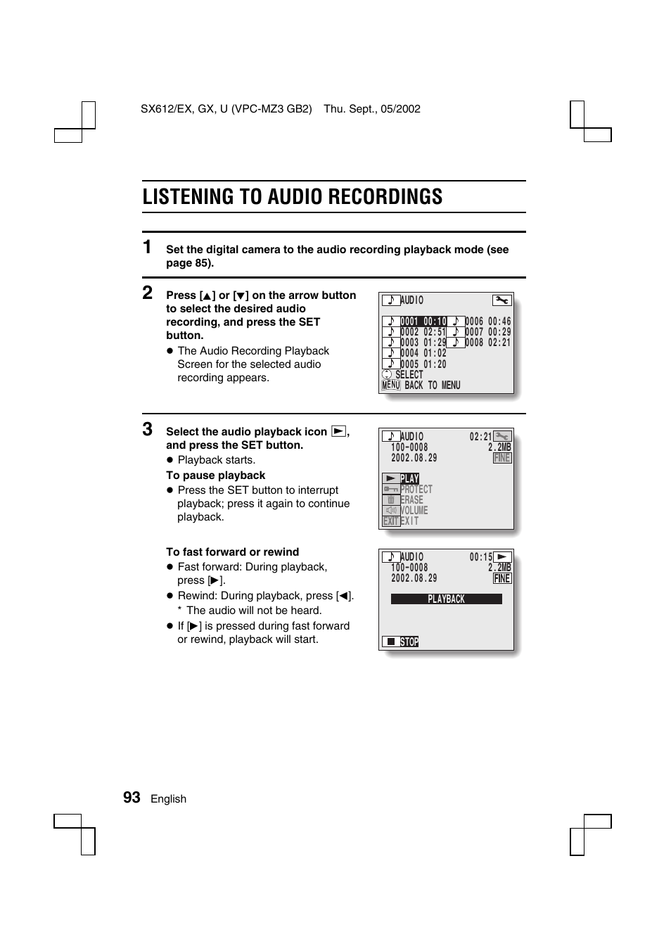 Listening to audio recordings | Sanyo VPC-MZ3 User Manual | Page 96 / 218