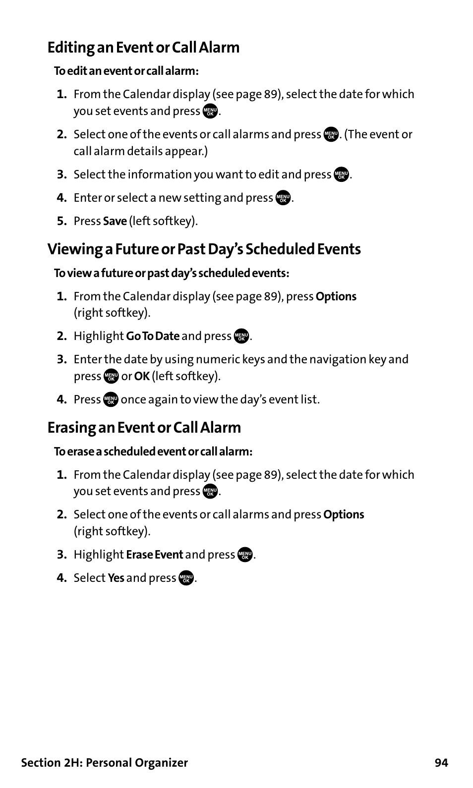 Editing an event or call alarm, Viewing a future or past day’s scheduled events, Erasing an event or call alarm | Sanyo SCP-200 User Manual | Page 100 / 182