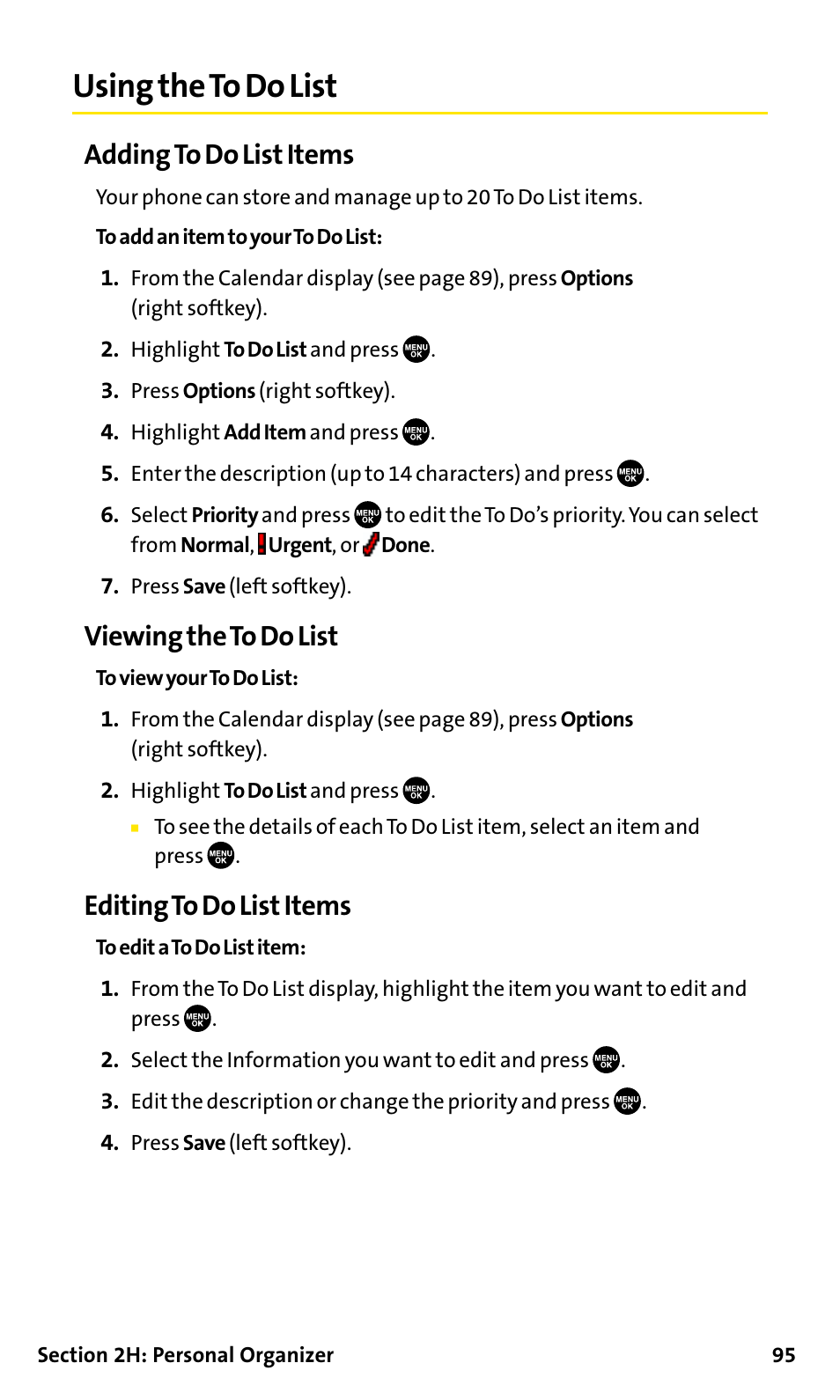 Using the to do list, Adding to do list items, Viewing the to do list | Editingto do list items | Sanyo SCP-200 User Manual | Page 101 / 182