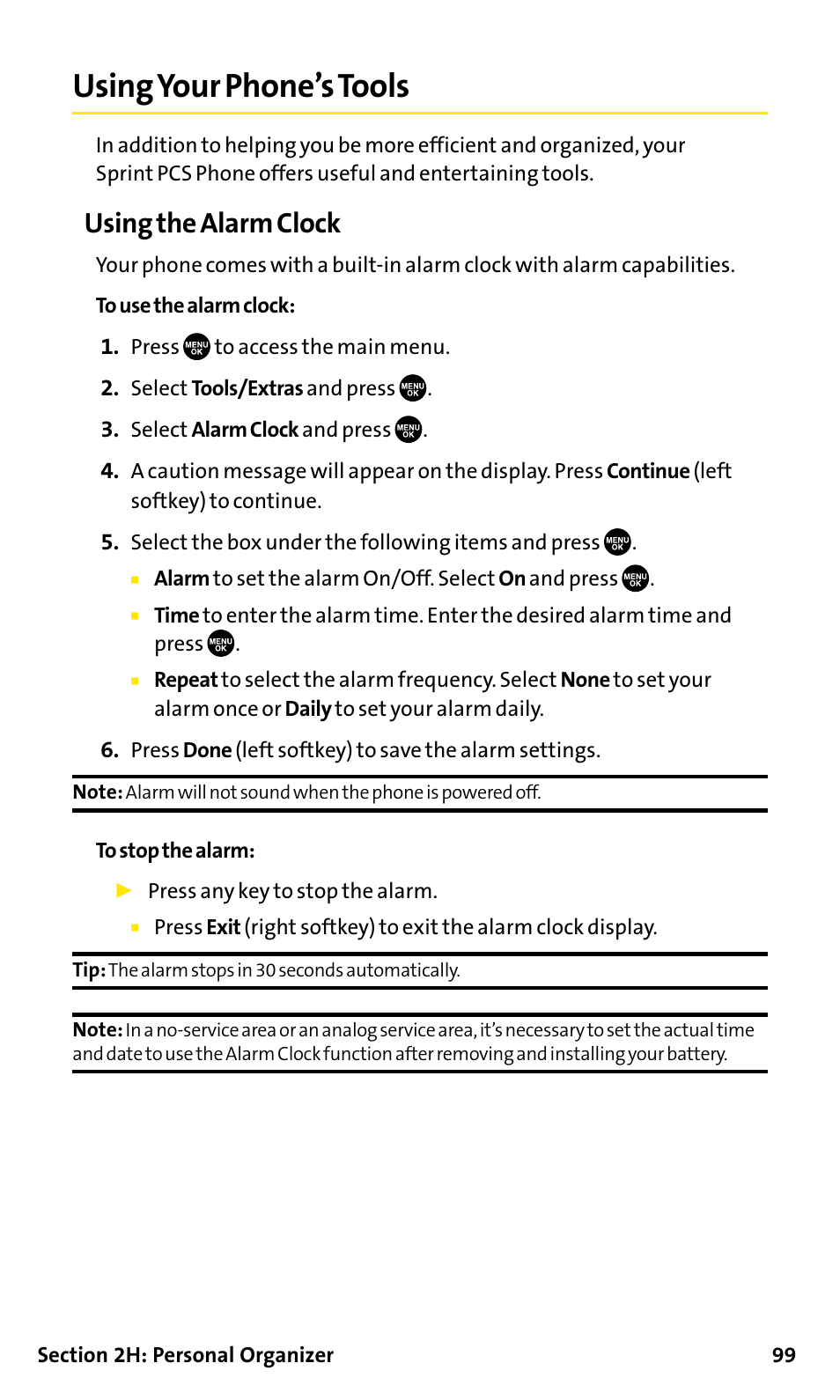Using your phone’s tools, Using the alarm clock | Sanyo SCP-200 User Manual | Page 105 / 182