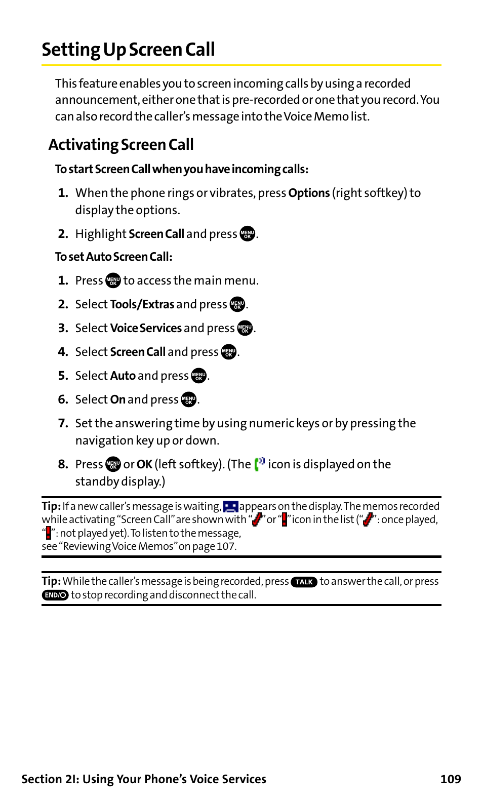 Setting up screen call, Activating screen call | Sanyo SCP-200 User Manual | Page 115 / 182
