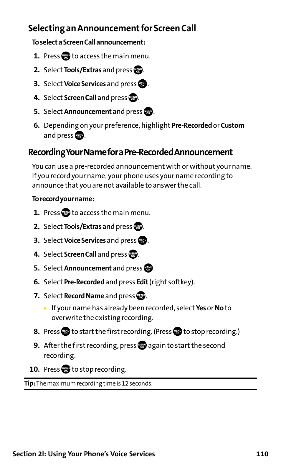 Selecting an announcement for screen call | Sanyo SCP-200 User Manual | Page 116 / 182