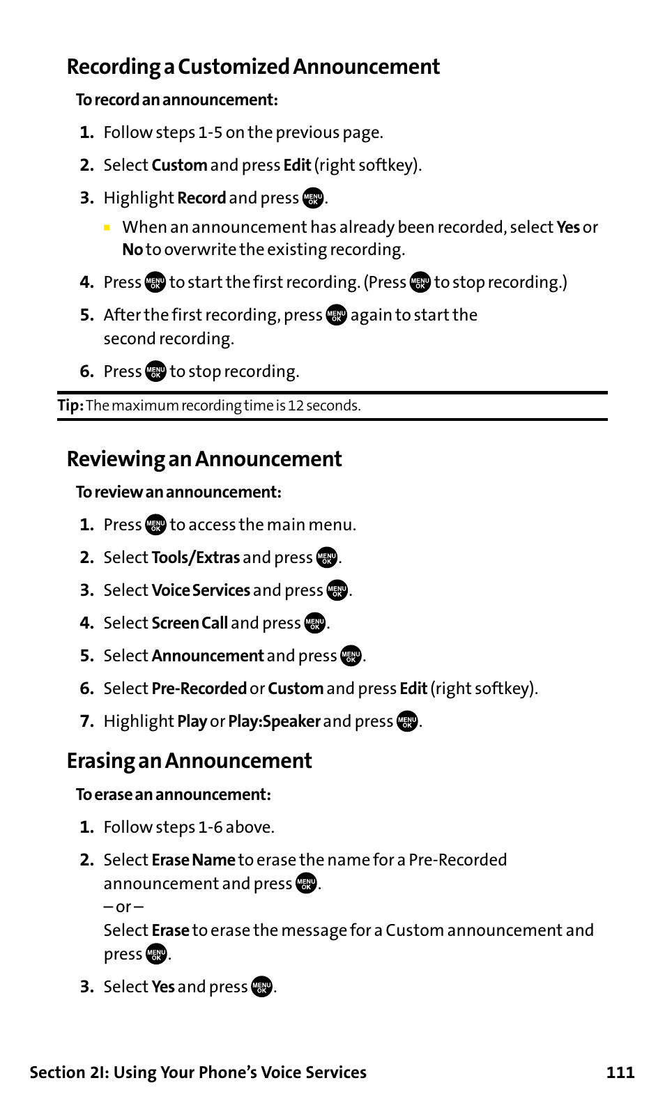 Recording a customized announcement, Reviewing an announcement, Erasing an announcement | Sanyo SCP-200 User Manual | Page 117 / 182