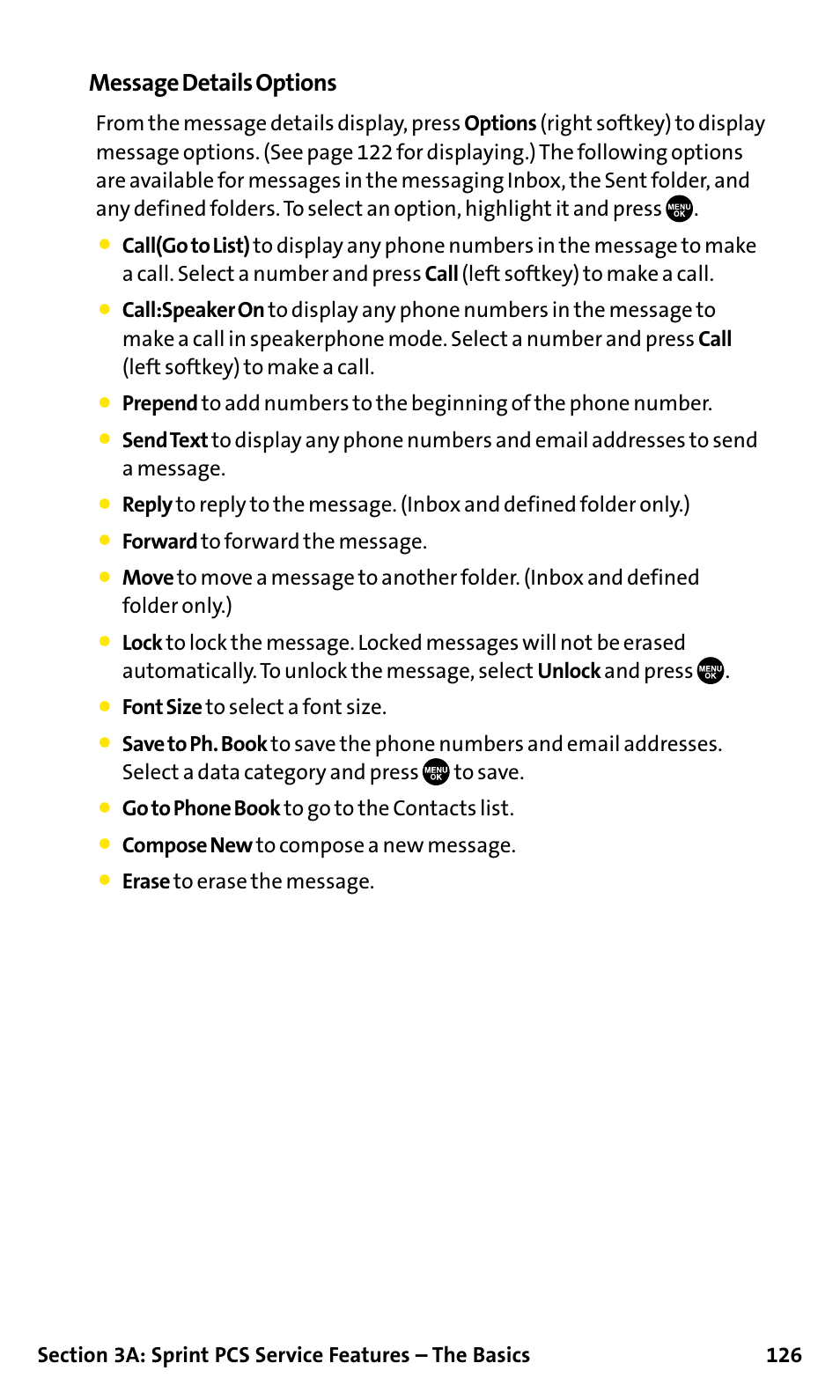 Message details options, Forward to forward the message, Font size to select a font size | Go to phone book to go to the contacts list, Compose new to compose a new message | Sanyo SCP-200 User Manual | Page 132 / 182