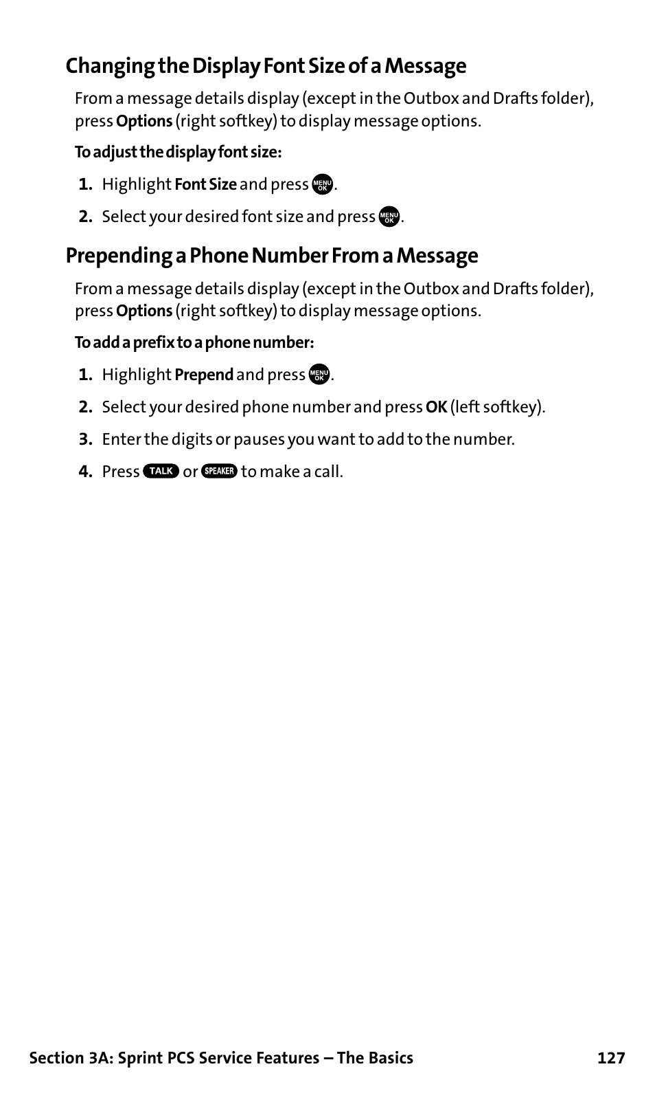 Changing the display font size of a message, Prepending a phone number from a message | Sanyo SCP-200 User Manual | Page 133 / 182