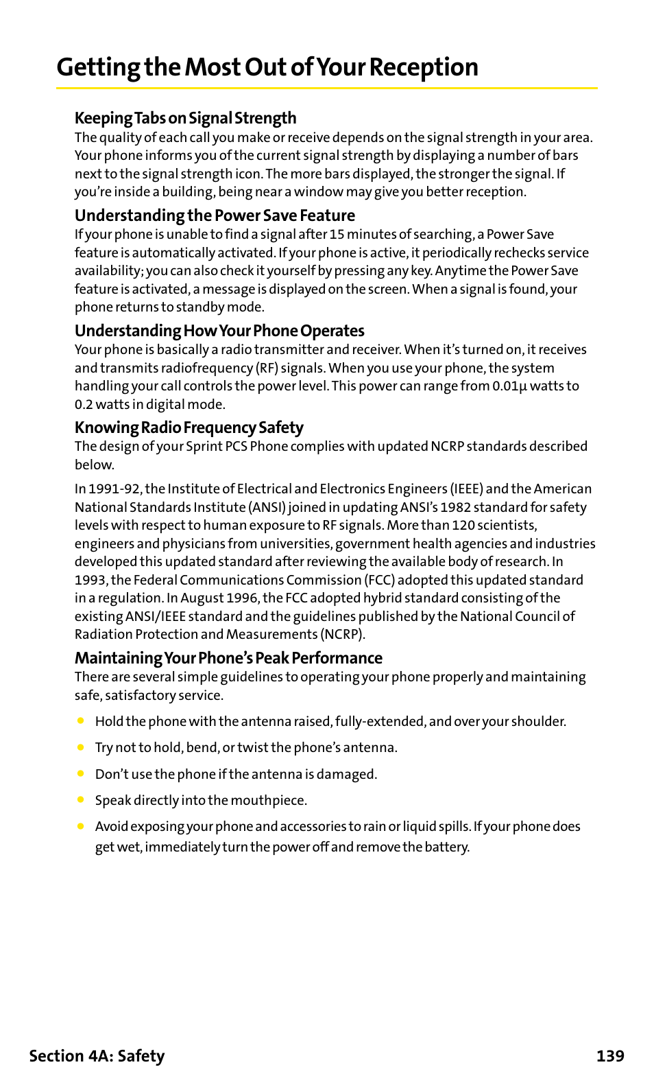 Getting the most out of your, Getting the most out of your reception, Keeping tabs on signal strength | Understanding the power save feature, Understanding how your phone operates, Knowing radio frequency safety, Maintaining your phone’s peak performance | Sanyo SCP-200 User Manual | Page 145 / 182