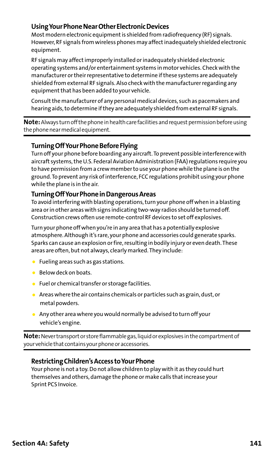 Turning off your phone before flying, Turning off your phone in dangerous areas, Restricting children’s access to your phone | Sanyo SCP-200 User Manual | Page 147 / 182