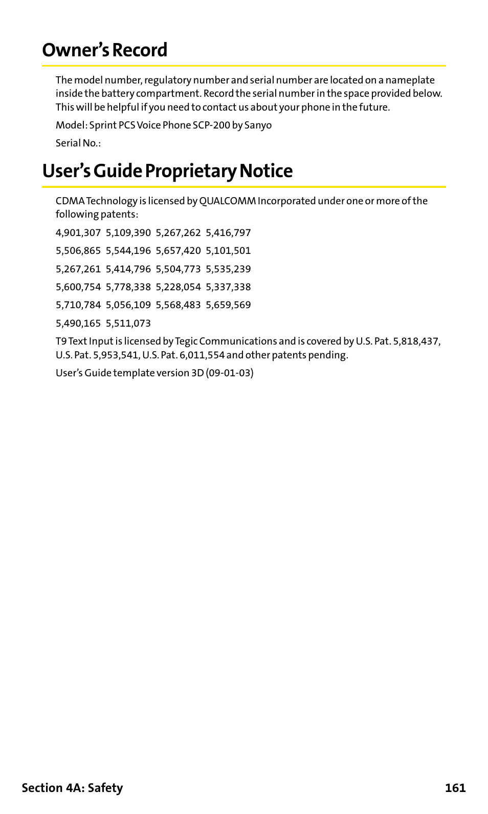 Owner’s record, User’s guide proprietary notice | Sanyo SCP-200 User Manual | Page 167 / 182