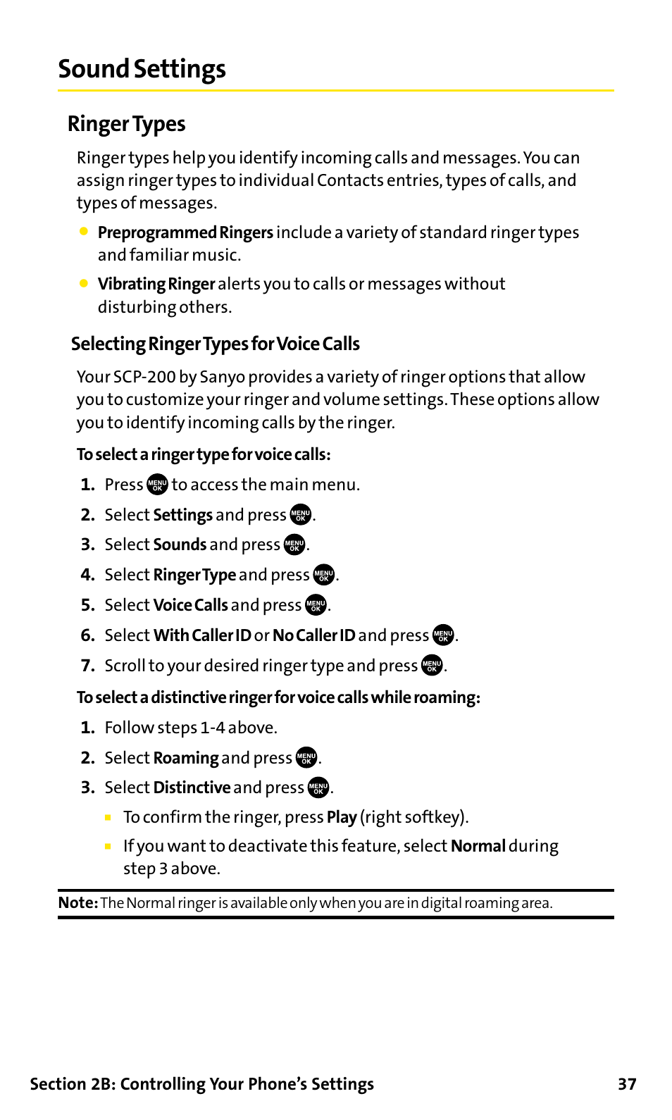 Sound settings, Ringer types | Sanyo SCP-200 User Manual | Page 43 / 182
