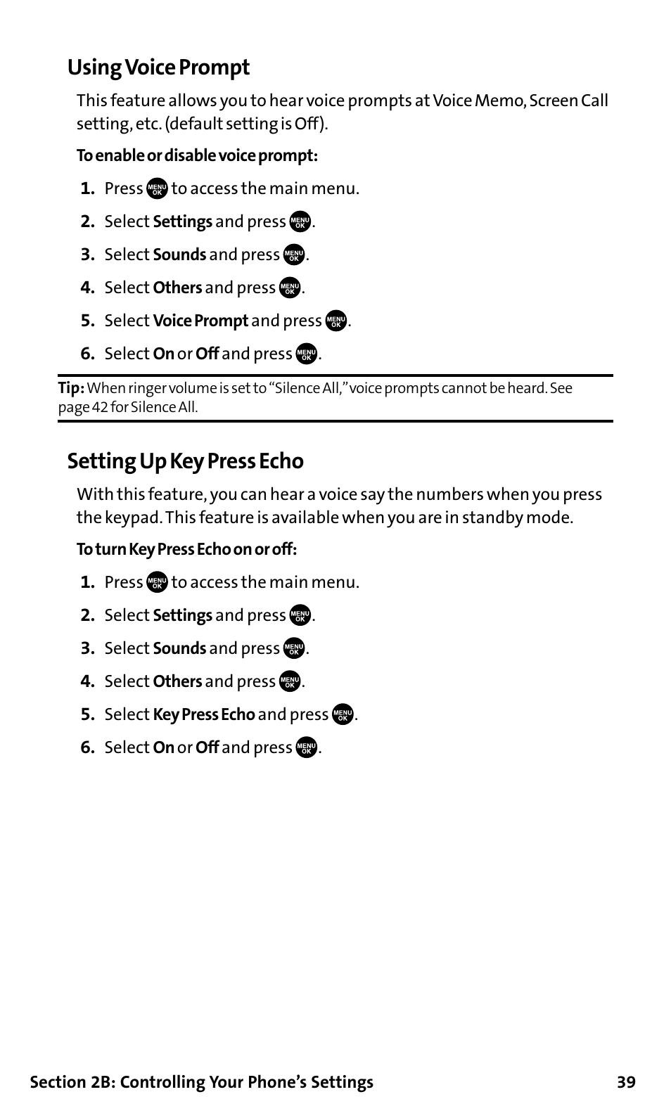 Using voice prompt, Setting up key press echo | Sanyo SCP-200 User Manual | Page 45 / 182