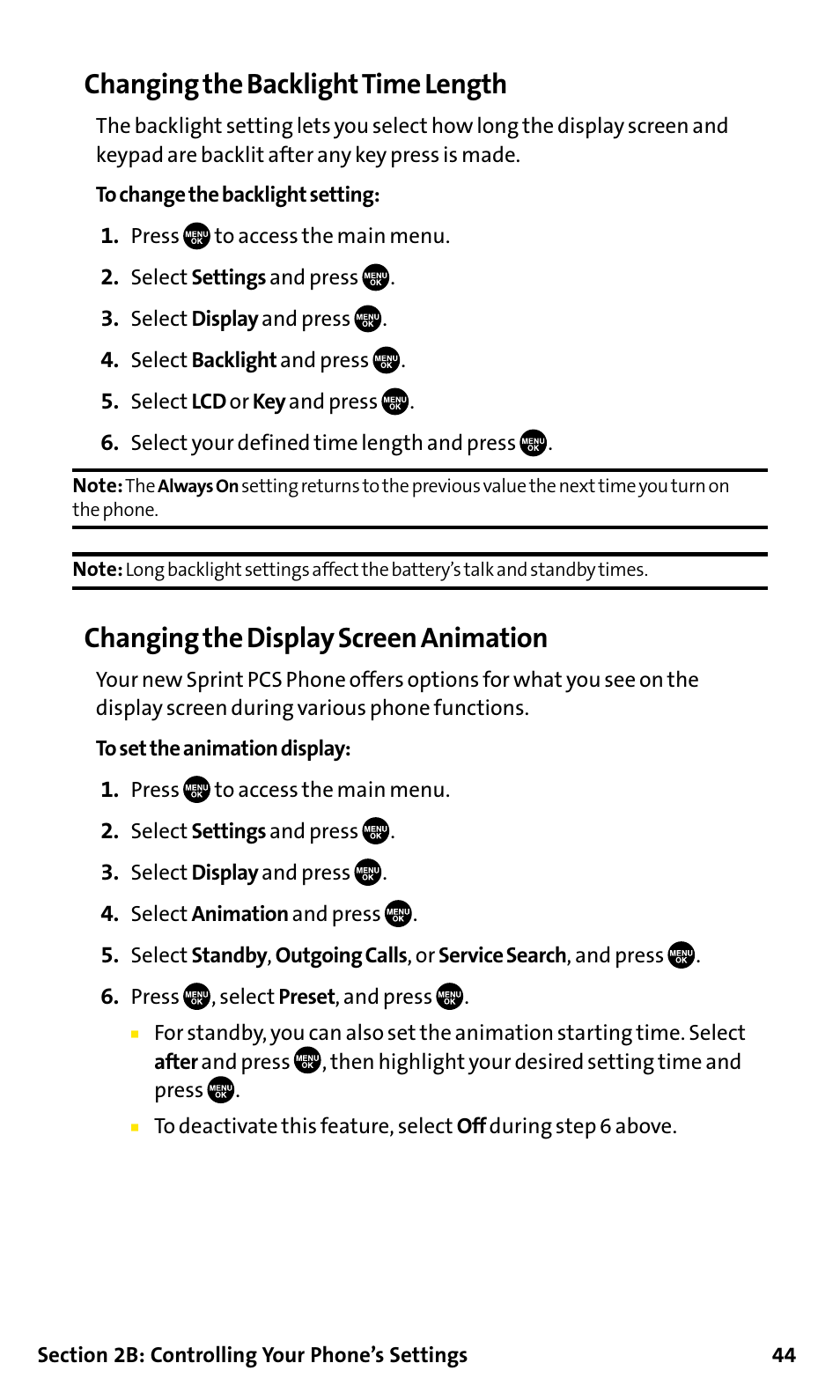 Changing the backlighttime length, Changing the display screen animation | Sanyo SCP-200 User Manual | Page 50 / 182