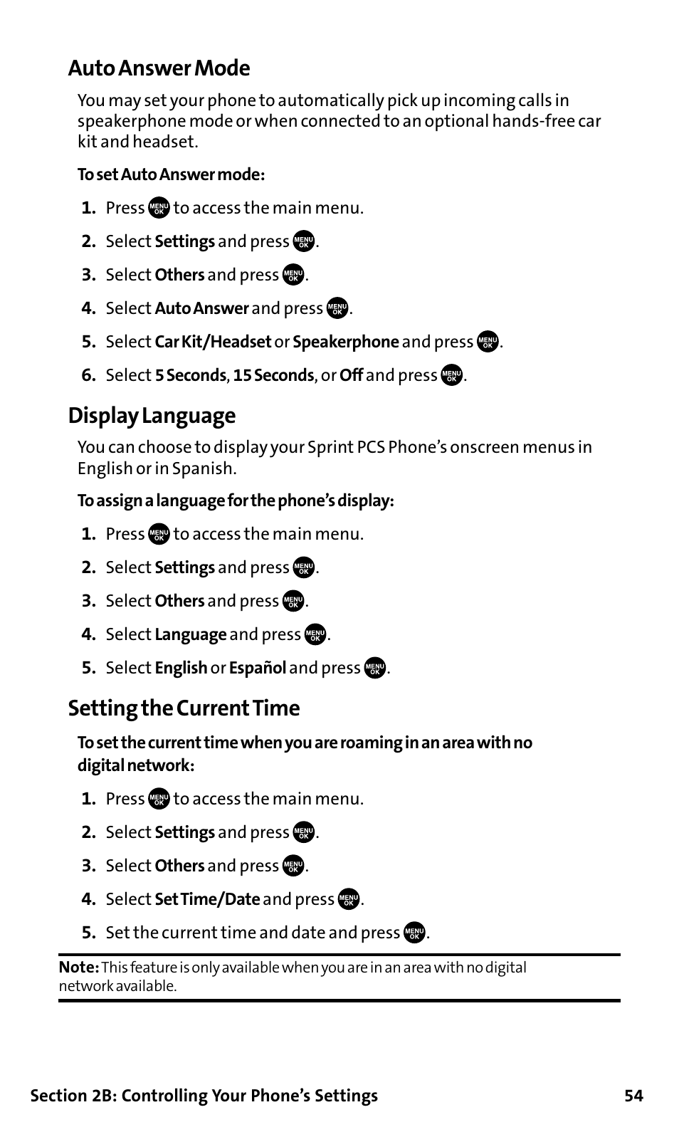Auto answer mode, Display language, Setting the currenttime | Sanyo SCP-200 User Manual | Page 60 / 182