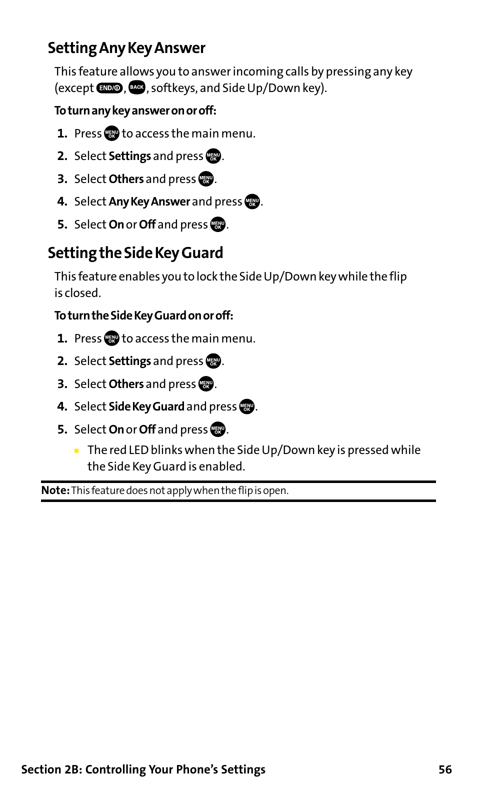 Setting any key answer, Setting the side key guard | Sanyo SCP-200 User Manual | Page 62 / 182