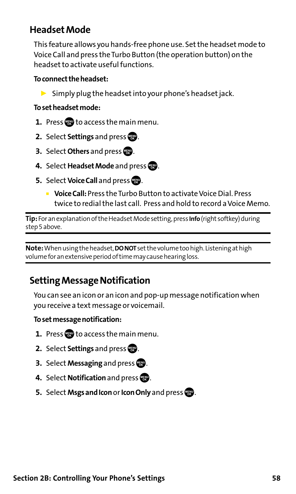 Headset mode, Setting message notification | Sanyo SCP-200 User Manual | Page 64 / 182