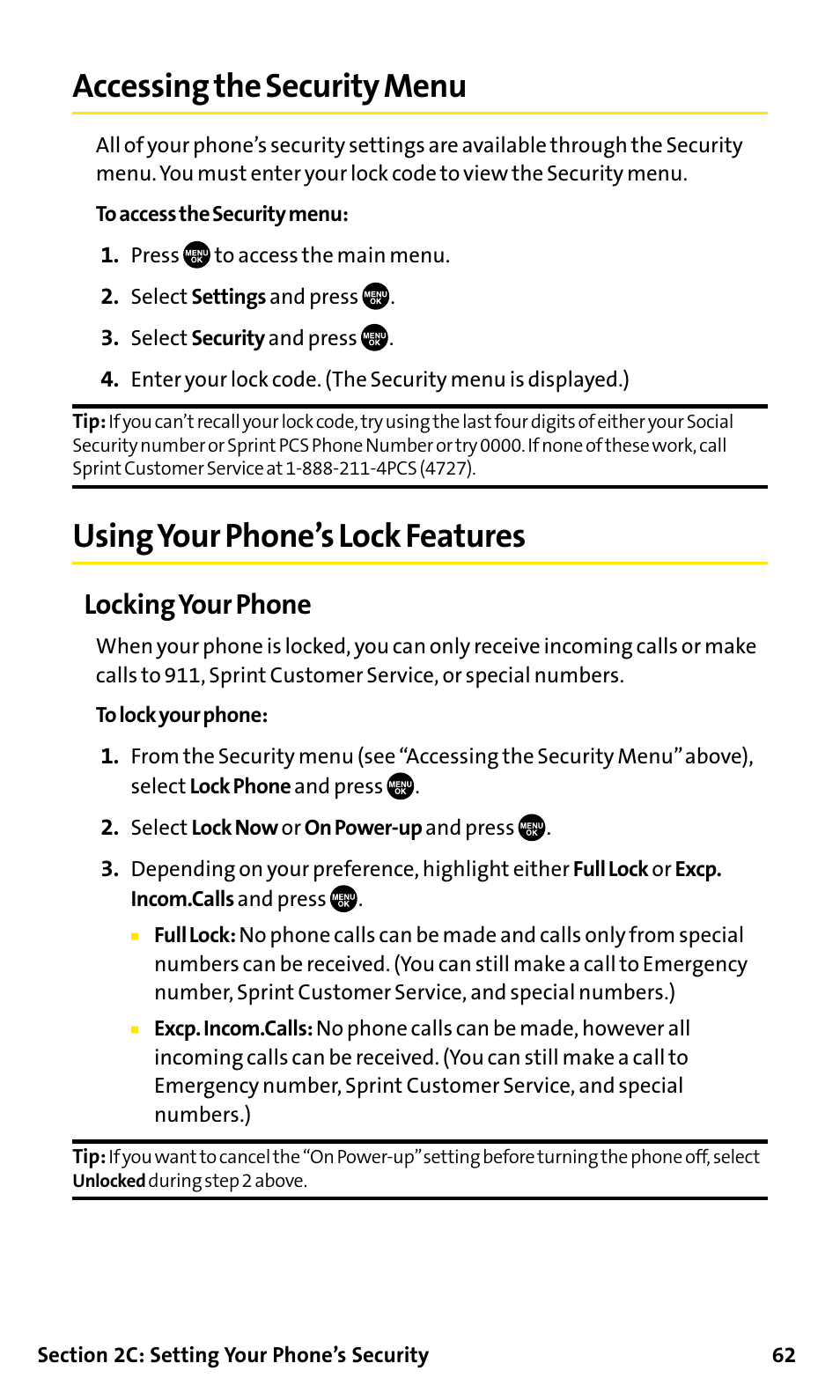Accessing the security menu, Using your phone’s lock feat, Using your phone’s lock features | Locking your phone | Sanyo SCP-200 User Manual | Page 68 / 182