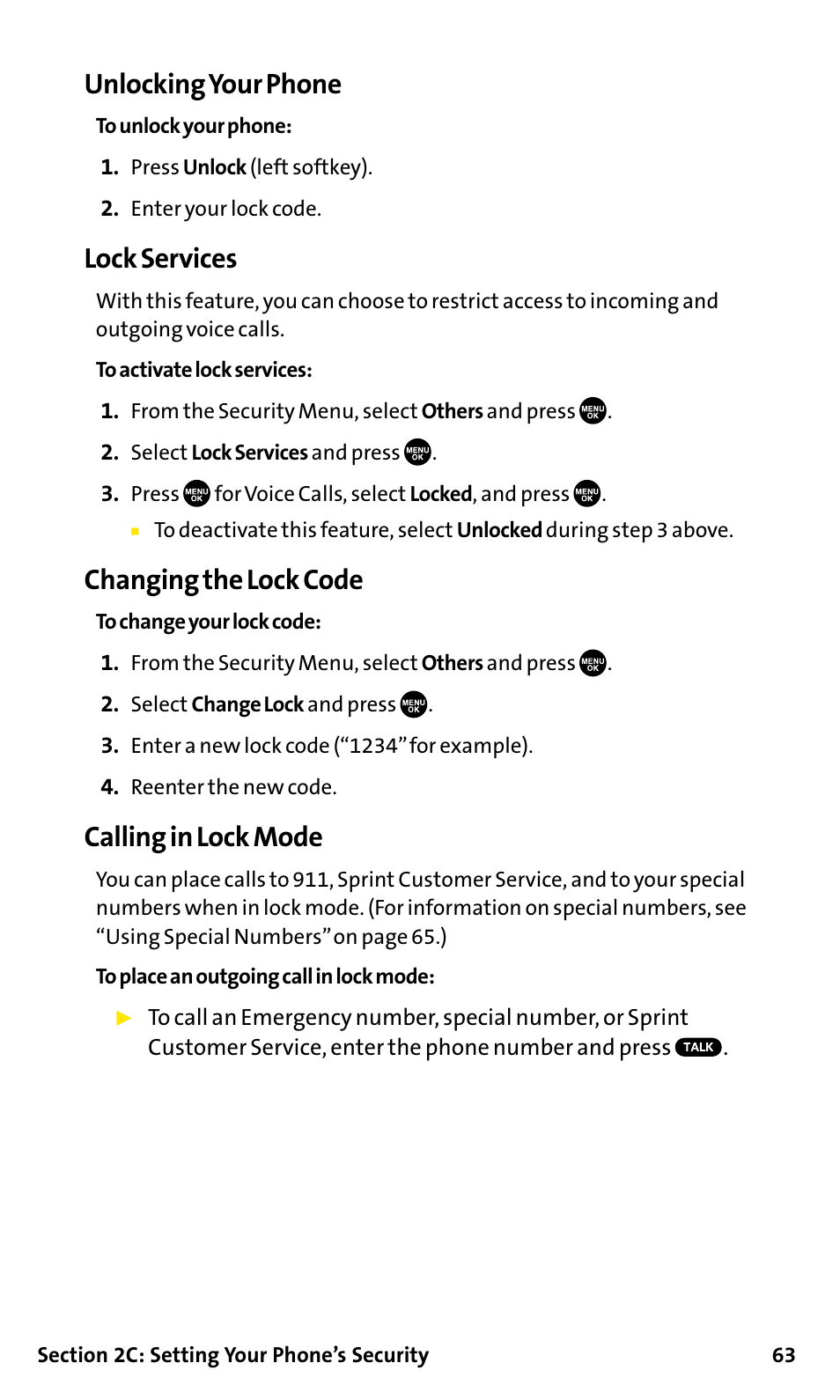 Unlocking your phone, Lock services, Changing the lock code | Calling in lock mode | Sanyo SCP-200 User Manual | Page 69 / 182