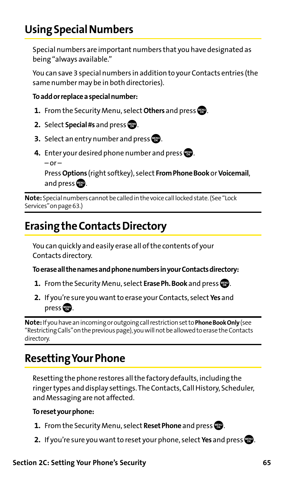 Using special numbers, Erasing the contacts directory, Resetting your phone | Resettingyour phone | Sanyo SCP-200 User Manual | Page 71 / 182