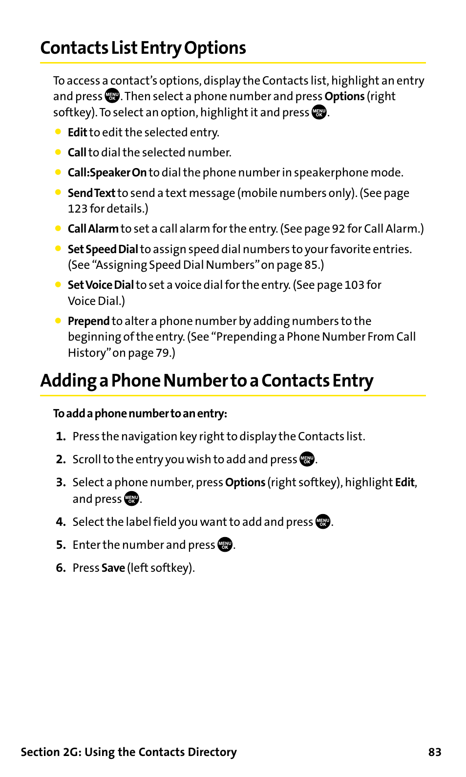 Contacts list entry options, Adding a phone number to a c, Adding a phone number to a contacts entry | Sanyo SCP-200 User Manual | Page 89 / 182