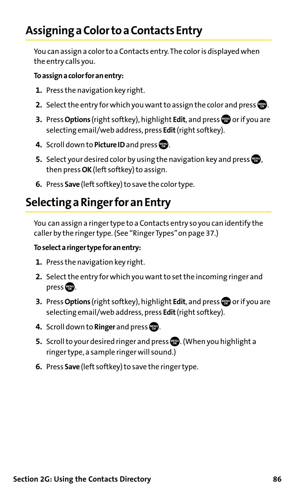 Assigning a color to a conta, Selecting a ringer for an entry, Assigning a color to a contacts entry | Sanyo SCP-200 User Manual | Page 92 / 182