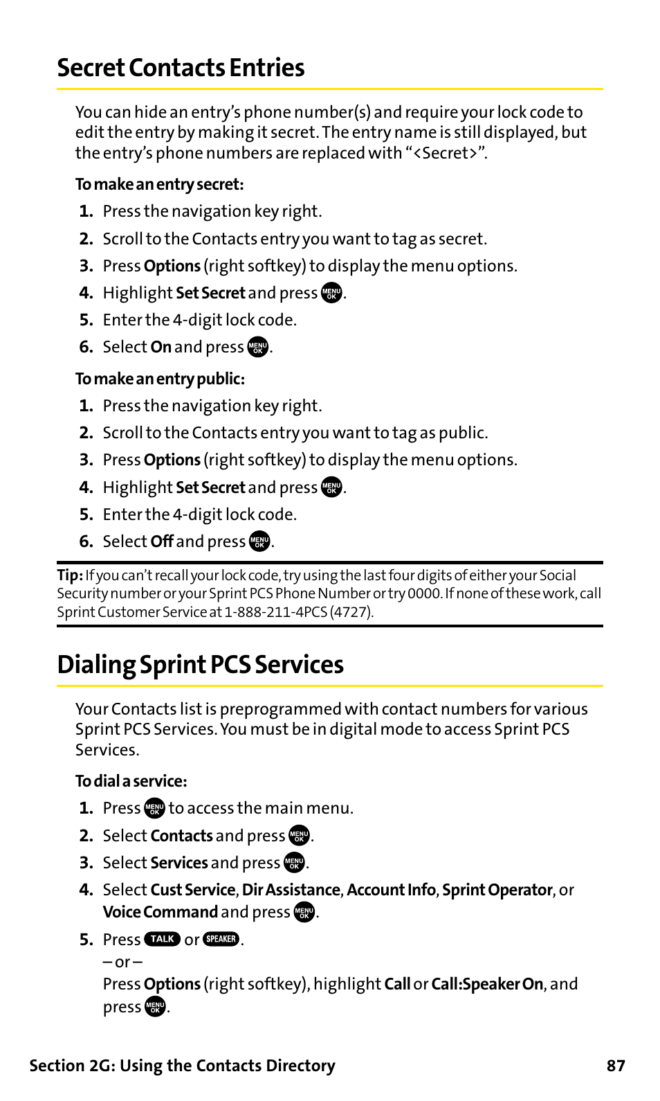 Secret contacts entries, Dialing sprint pcs services | Sanyo SCP-200 User Manual | Page 93 / 182