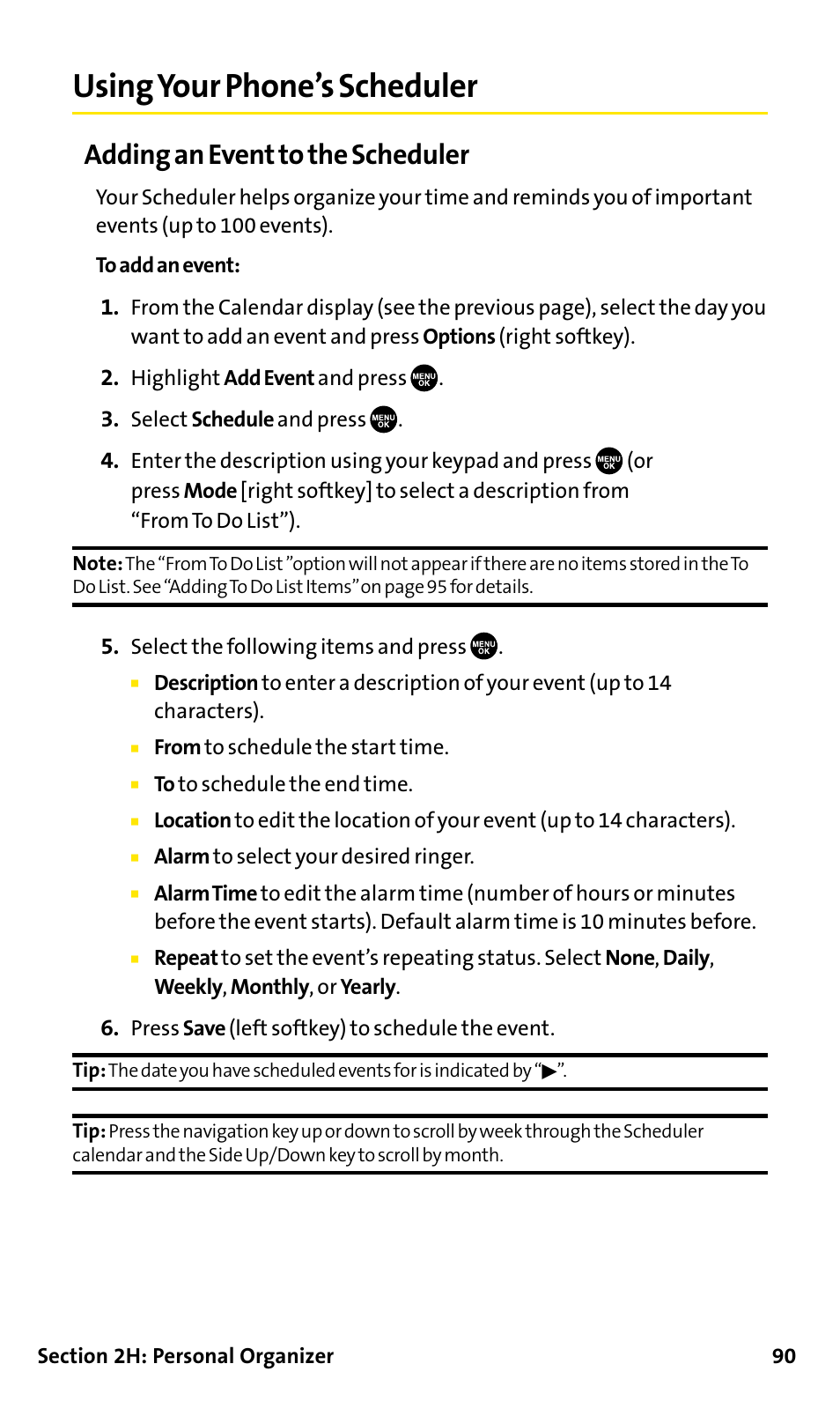 Using your phone’s scheduler, Adding an event to the scheduler | Sanyo SCP-200 User Manual | Page 96 / 182