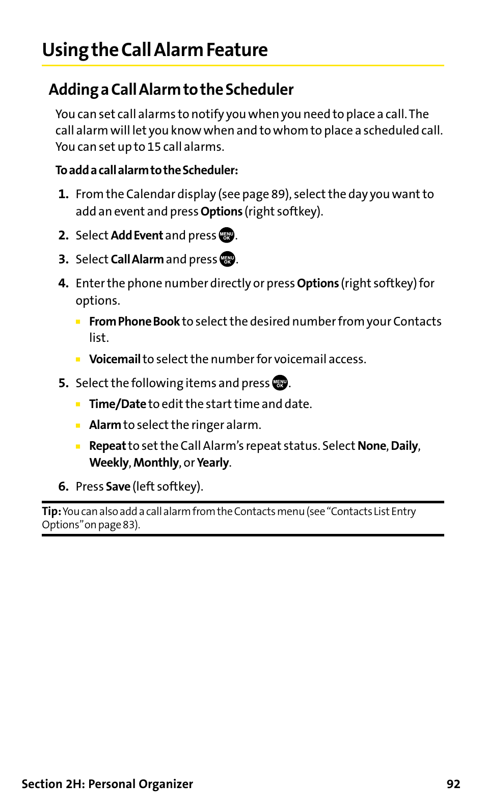 Using the call alarm feature, Adding a call alarm to the scheduler | Sanyo SCP-200 User Manual | Page 98 / 182