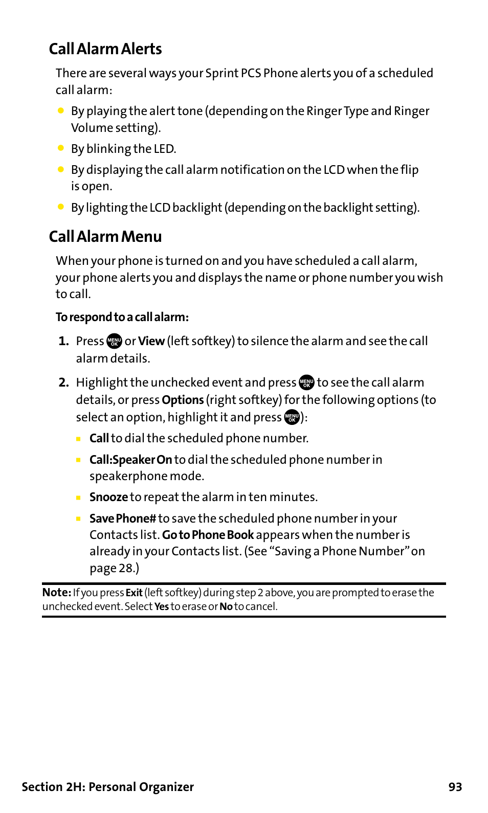 Call alarm alerts, Call alarm menu | Sanyo SCP-200 User Manual | Page 99 / 182
