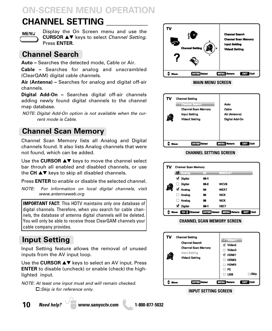 Channel setting, On-screen menu operation, Channel search | Input setting | Sanyo DP42840 User Manual | Page 10 / 52