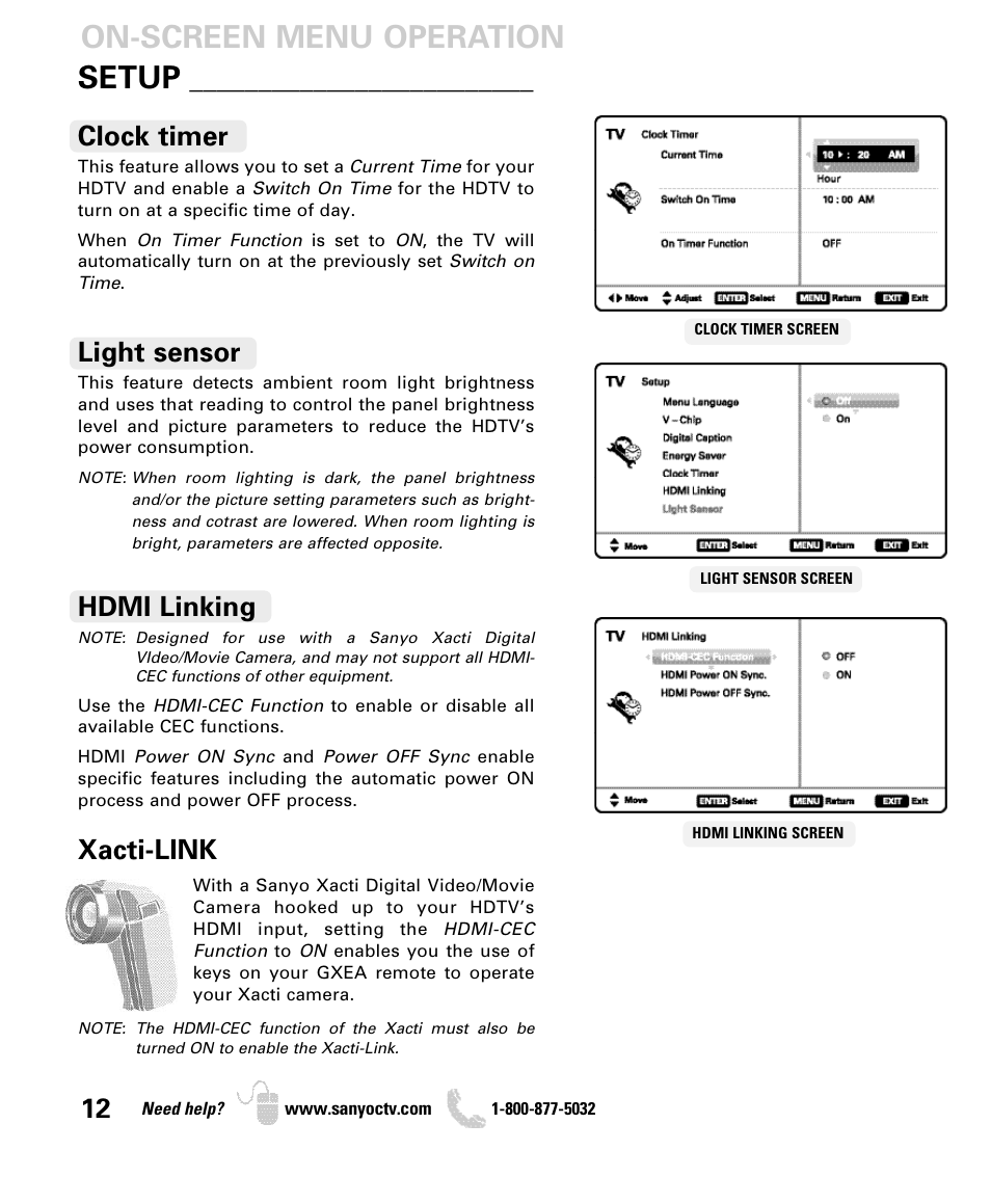 On-screen menu operation setup, Clock timer, Light sensor | Hdmi linking, Xacti-link | Sanyo DP42840 User Manual | Page 12 / 52