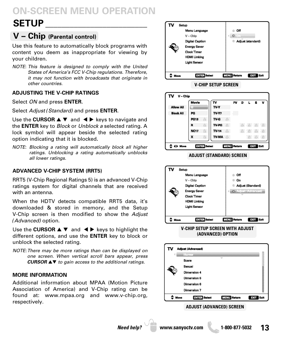 Setup, On-screen menu operation, V – chip | Sanyo DP42840 User Manual | Page 13 / 52