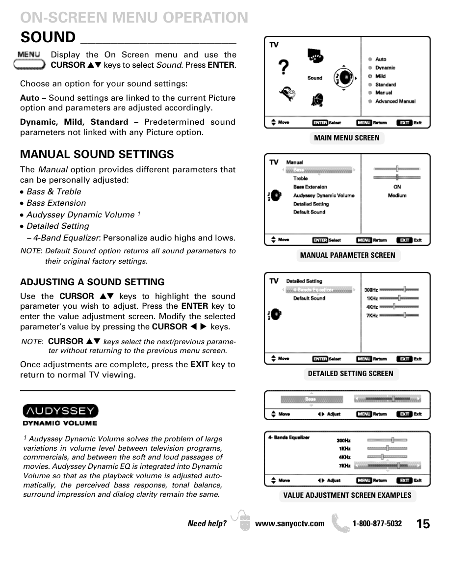 Sound, On-screen menu operation, Manual sound settings | Sanyo DP42840 User Manual | Page 15 / 52