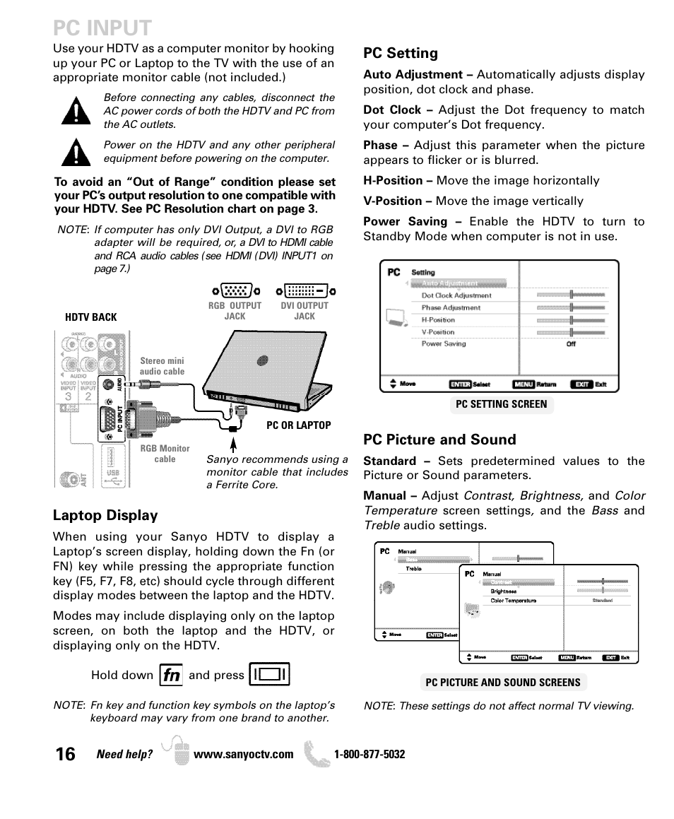 Pc input, Pc setting, Pc picture and sound | Laptop display | Sanyo DP42840 User Manual | Page 16 / 52