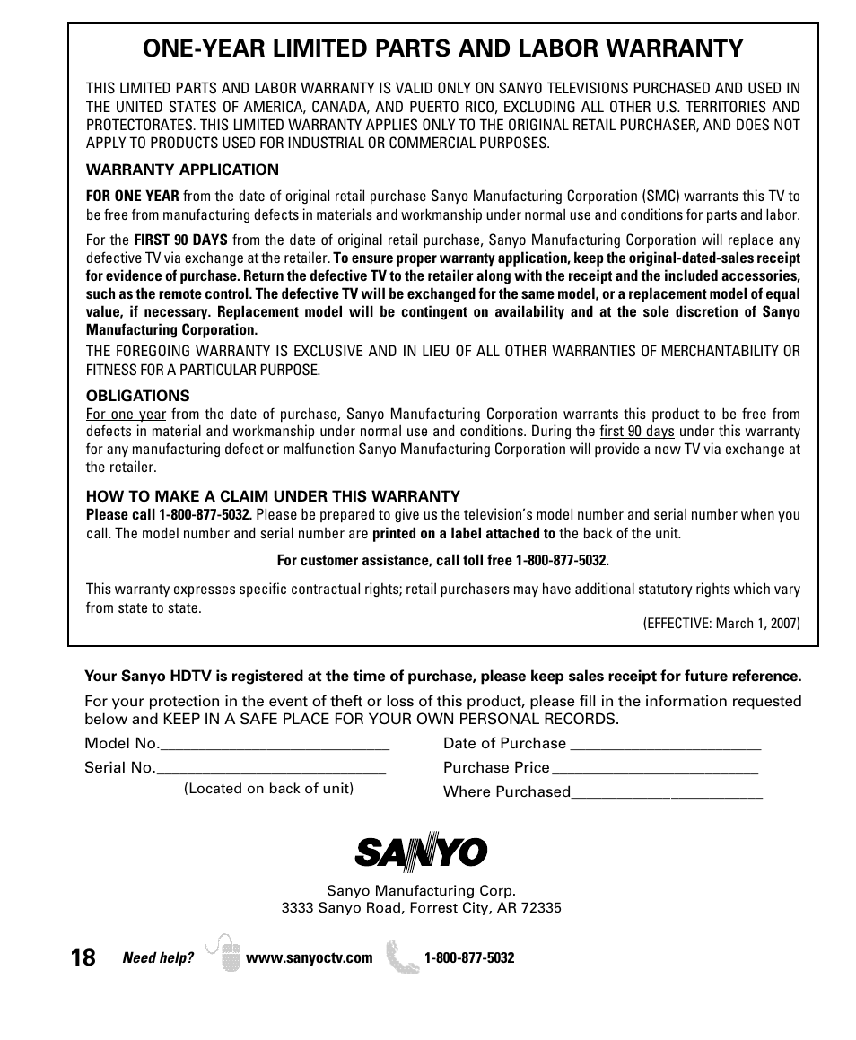 One-year limited parts and labor warranty | Sanyo DP42840 User Manual | Page 18 / 52