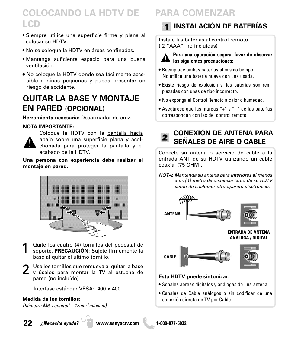 Colocando la hdtv de lcd, Para comenzar, Quitar la base y montaje en pared | Sanyo DP42840 User Manual | Page 22 / 52