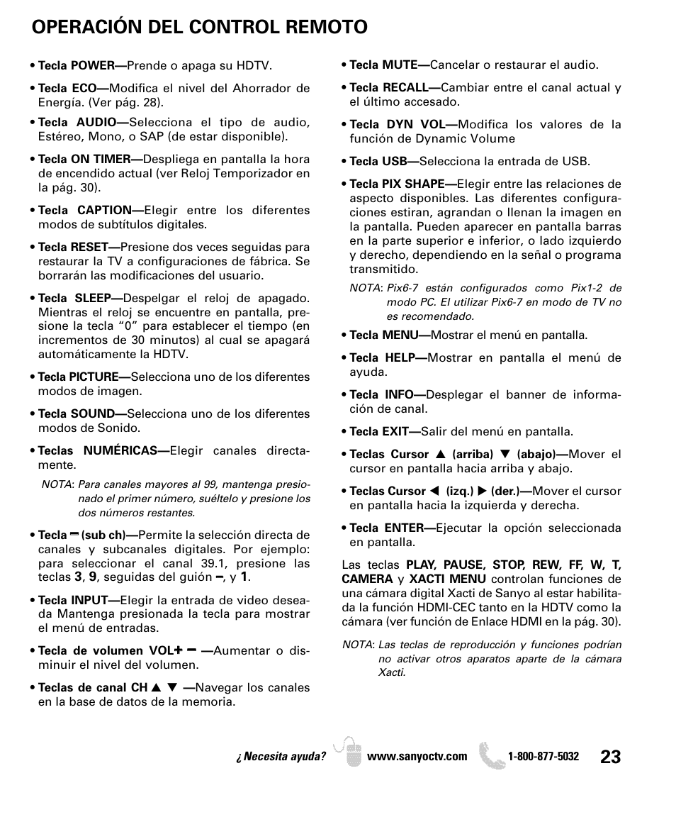 Operación del control remoto | Sanyo DP42840 User Manual | Page 23 / 52