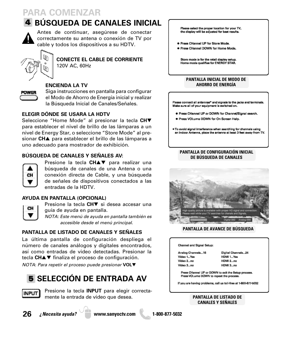 Para comenzar, Búsqueda de canales inicial, Selección de entrada av | Sanyo DP42840 User Manual | Page 26 / 52