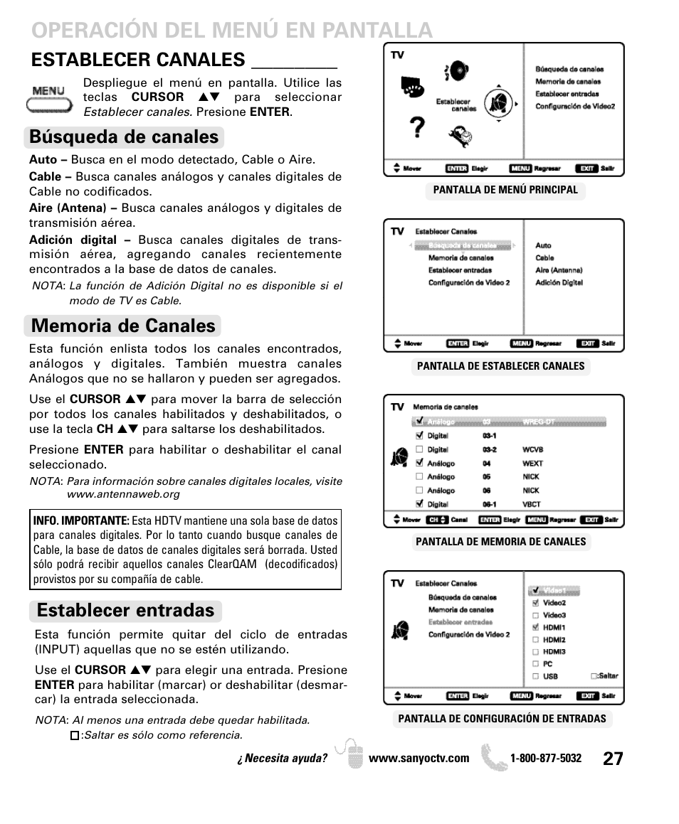 Operación del menú en pantalla, Establecer canales, Búsqueda de canales | Establecer entradas | Sanyo DP42840 User Manual | Page 27 / 52