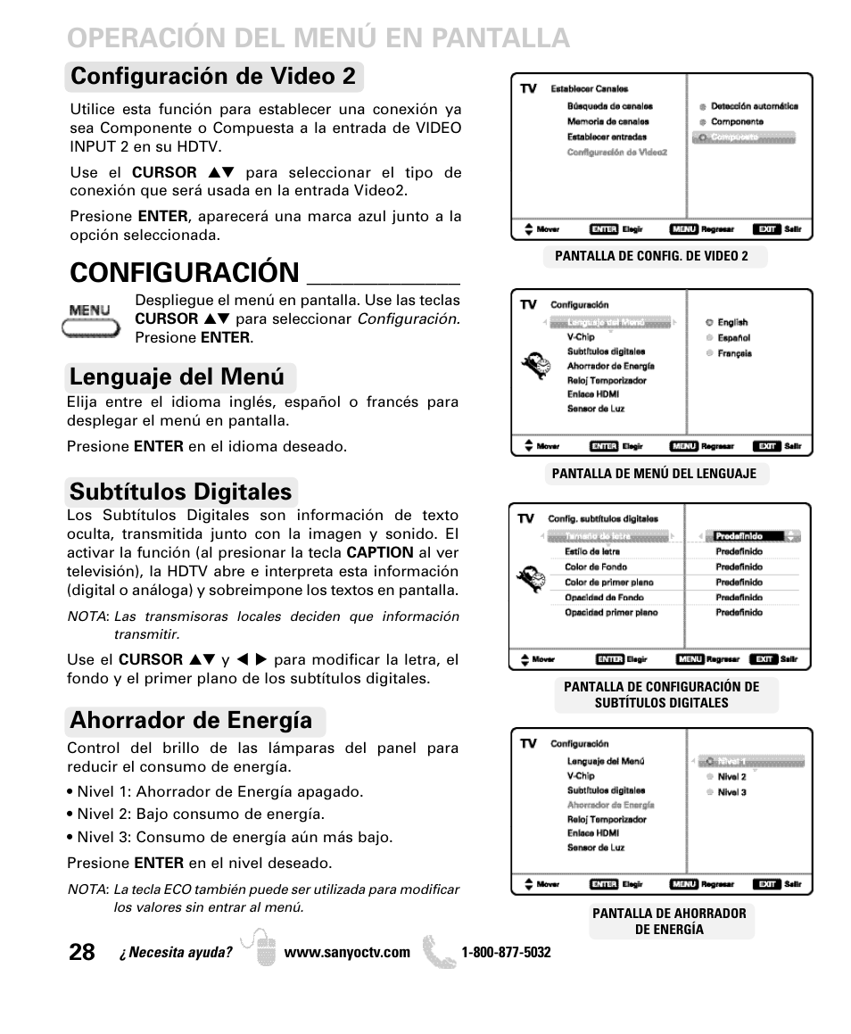 Operación del menú en pantalla, Configuración, Lenguaje del menú subtítulos digitales | Ahorrador de energía, Configuración de video 2 | Sanyo DP42840 User Manual | Page 28 / 52