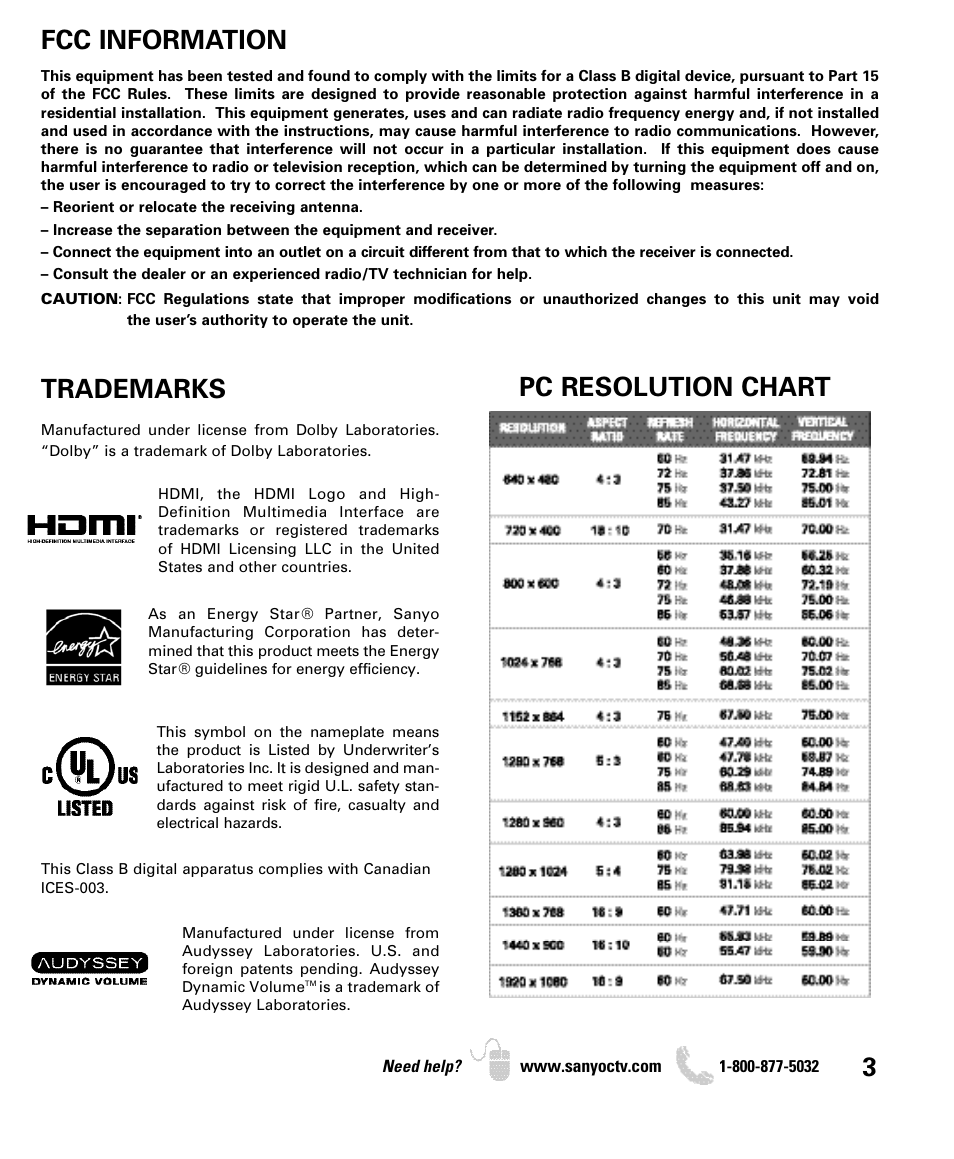 Pc resolution chart 3, Fcc information, Trademarks | Sanyo DP42840 User Manual | Page 3 / 52