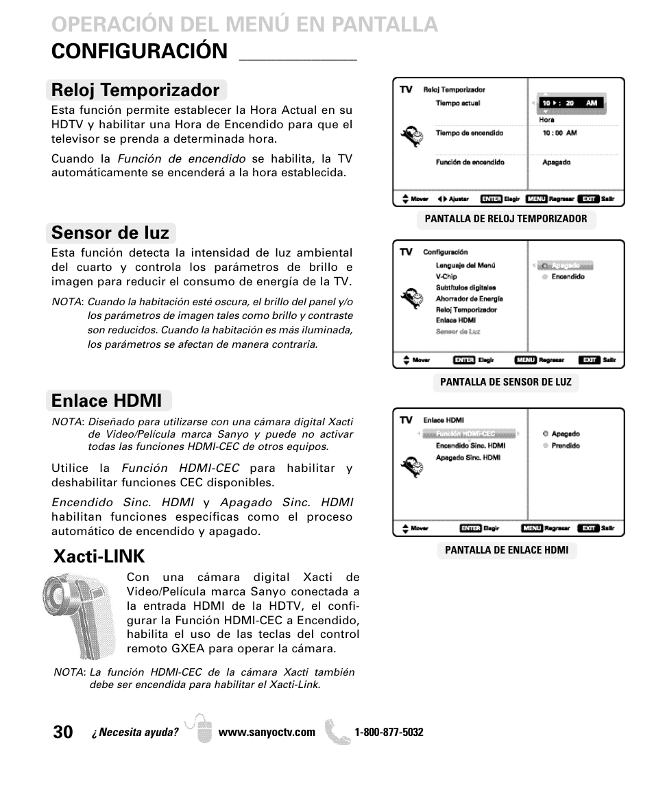 Operación del menú en pantalla configuración, Reloj temporizador, Sensor de luz | Enlace hdmi, Xacti-link | Sanyo DP42840 User Manual | Page 30 / 52