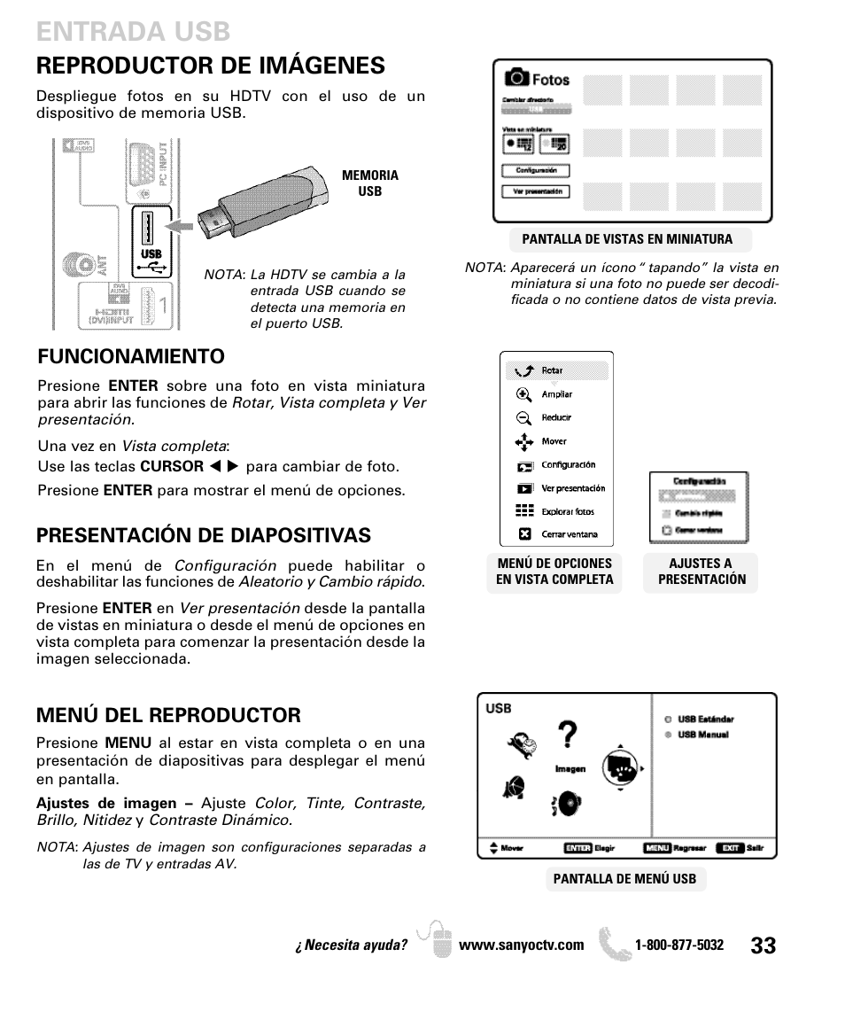 Entrada usb, Reproductor de imágenes, Funcionamiento | Presentación de diapositivas, Menú del reproductor | Sanyo DP42840 User Manual | Page 33 / 52