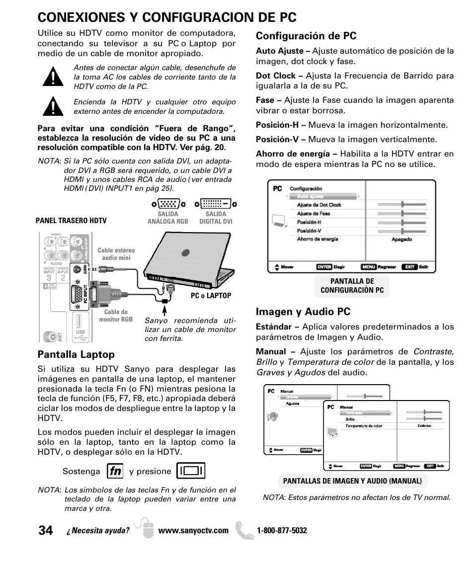 Conexiones y configuracion de pc, Configuración de pc, Imagen y audio pc | Pantalla laptop | Sanyo DP42840 User Manual | Page 34 / 52