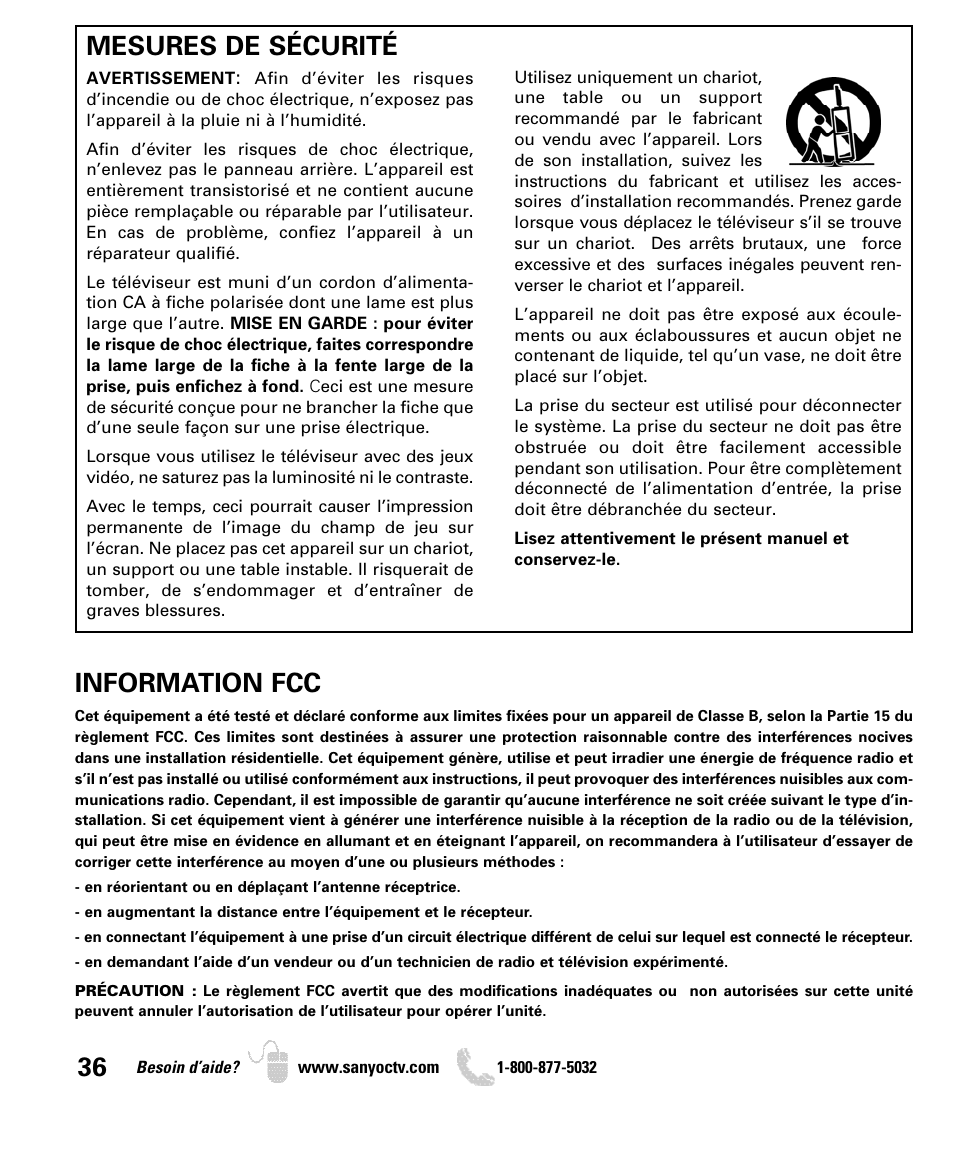 Mesures de sécurité, Information fcc | Sanyo DP42840 User Manual | Page 36 / 52