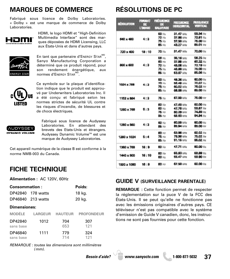 Guide v | Sanyo DP42840 User Manual | Page 37 / 52