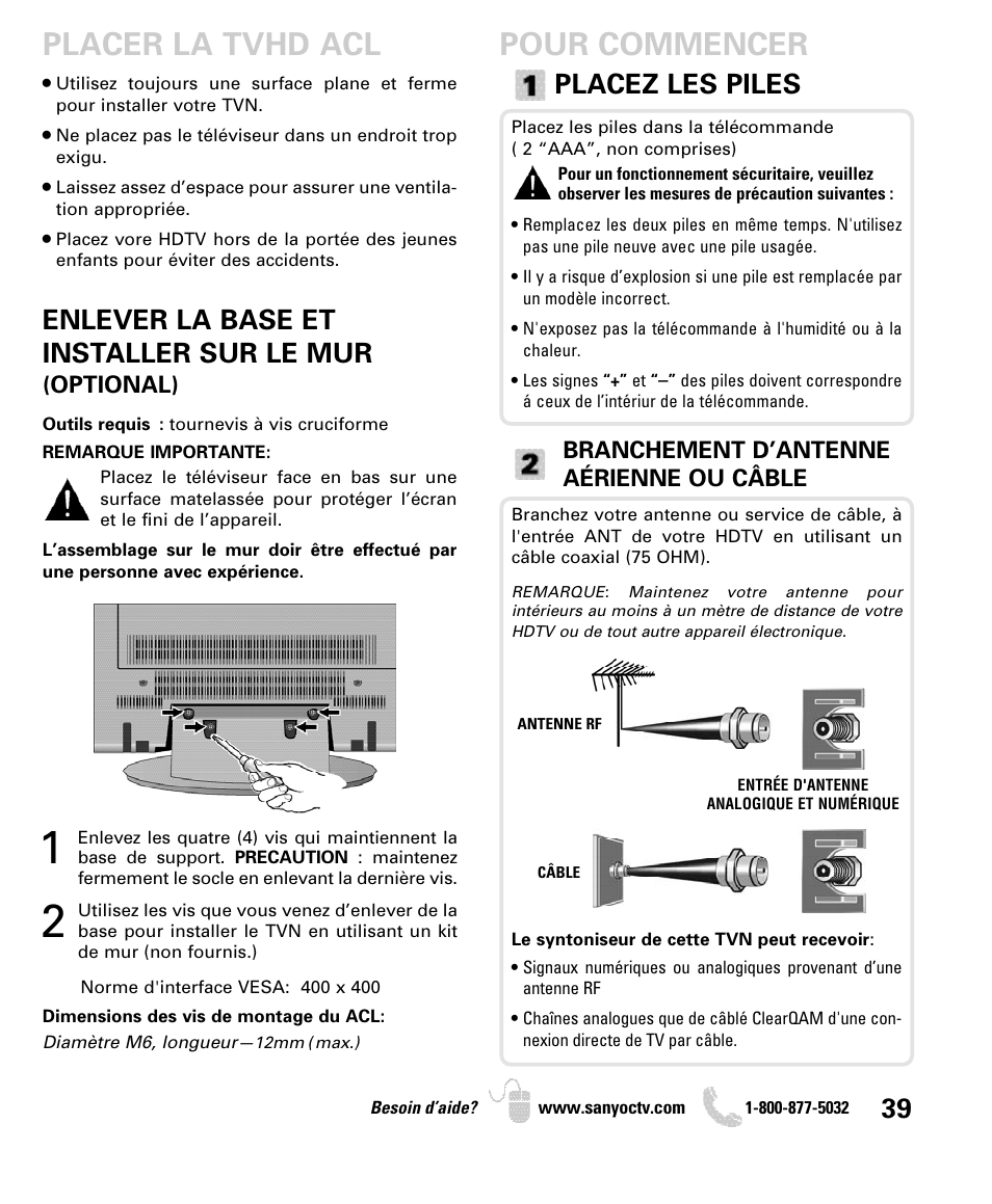 Pour commencer, Placer la tvhd acl, Placez les piles | Enlever la base et installer sur le mur | Sanyo DP42840 User Manual | Page 39 / 52