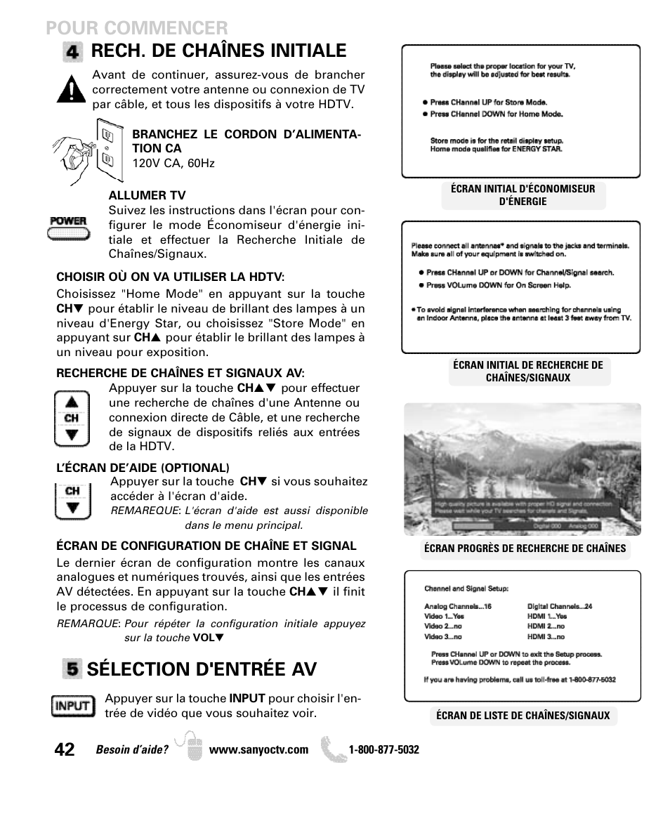 Pour commencer rech. de chaînes initiale, Sélection d'entrée av | Sanyo DP42840 User Manual | Page 42 / 52