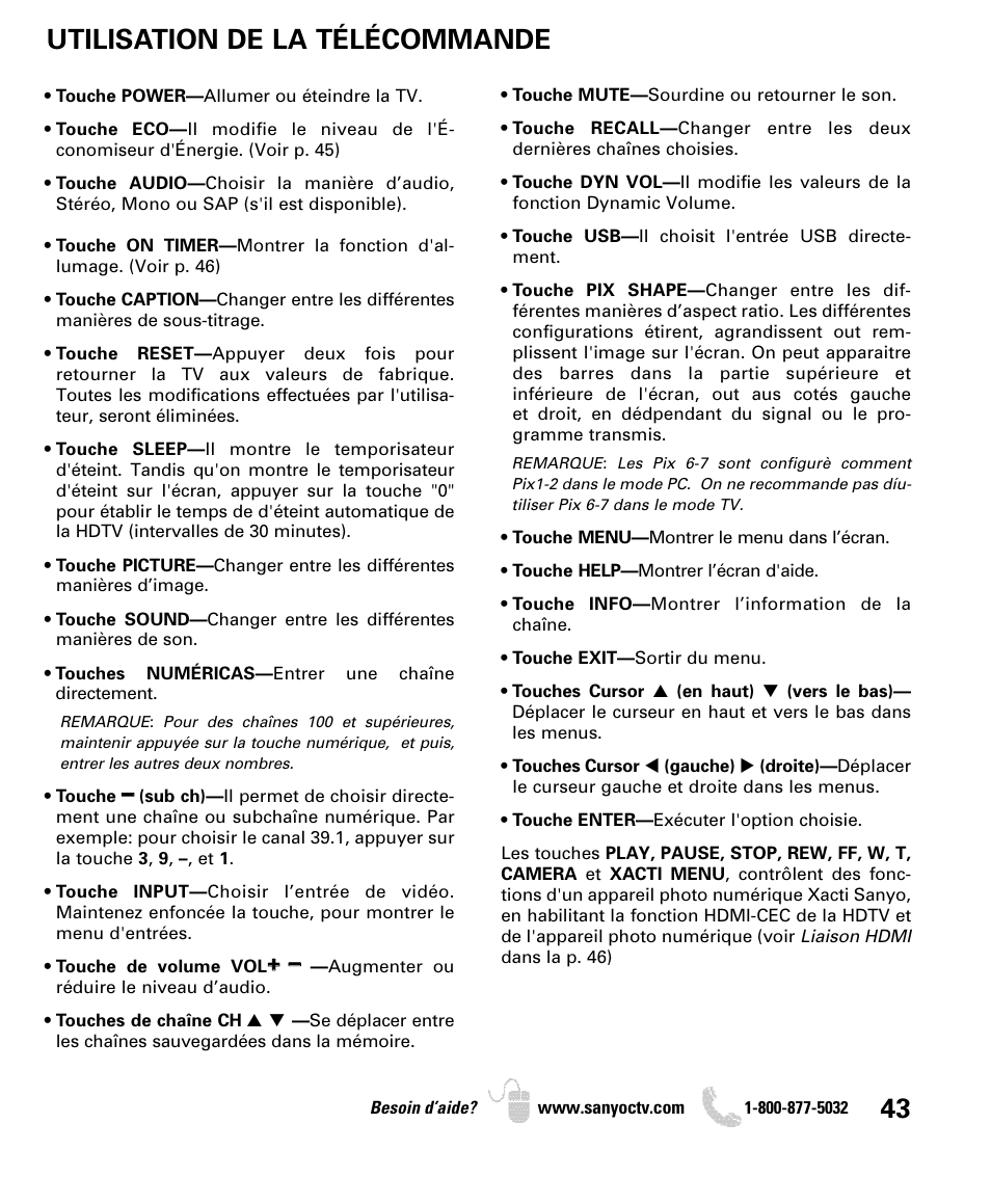 Utilisation de la télécommande | Sanyo DP42840 User Manual | Page 43 / 52