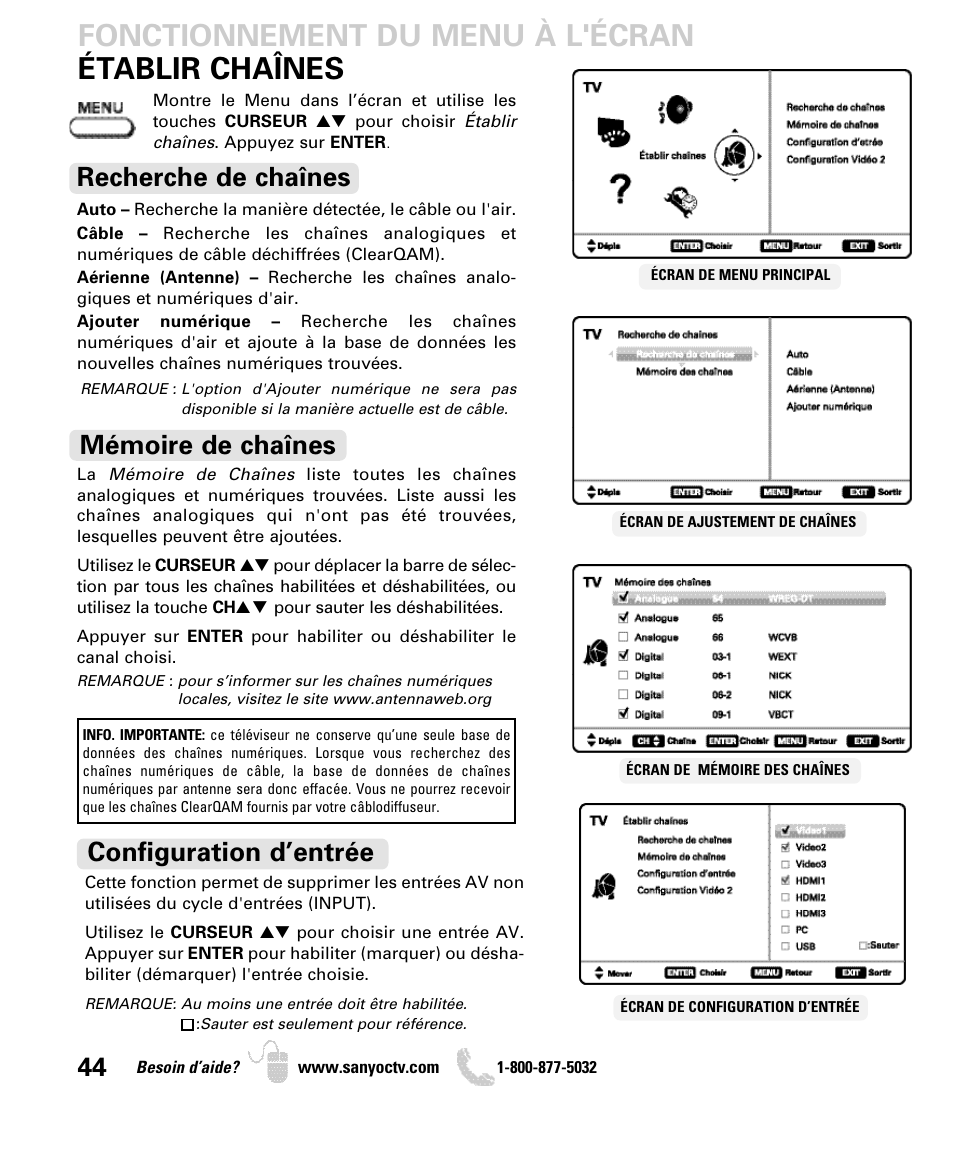 Établir chaînes fonctionnement du menu à l'écran, Recherche de chaînes, Mémoire de chaînes | Configuration d’entrée | Sanyo DP42840 User Manual | Page 44 / 52