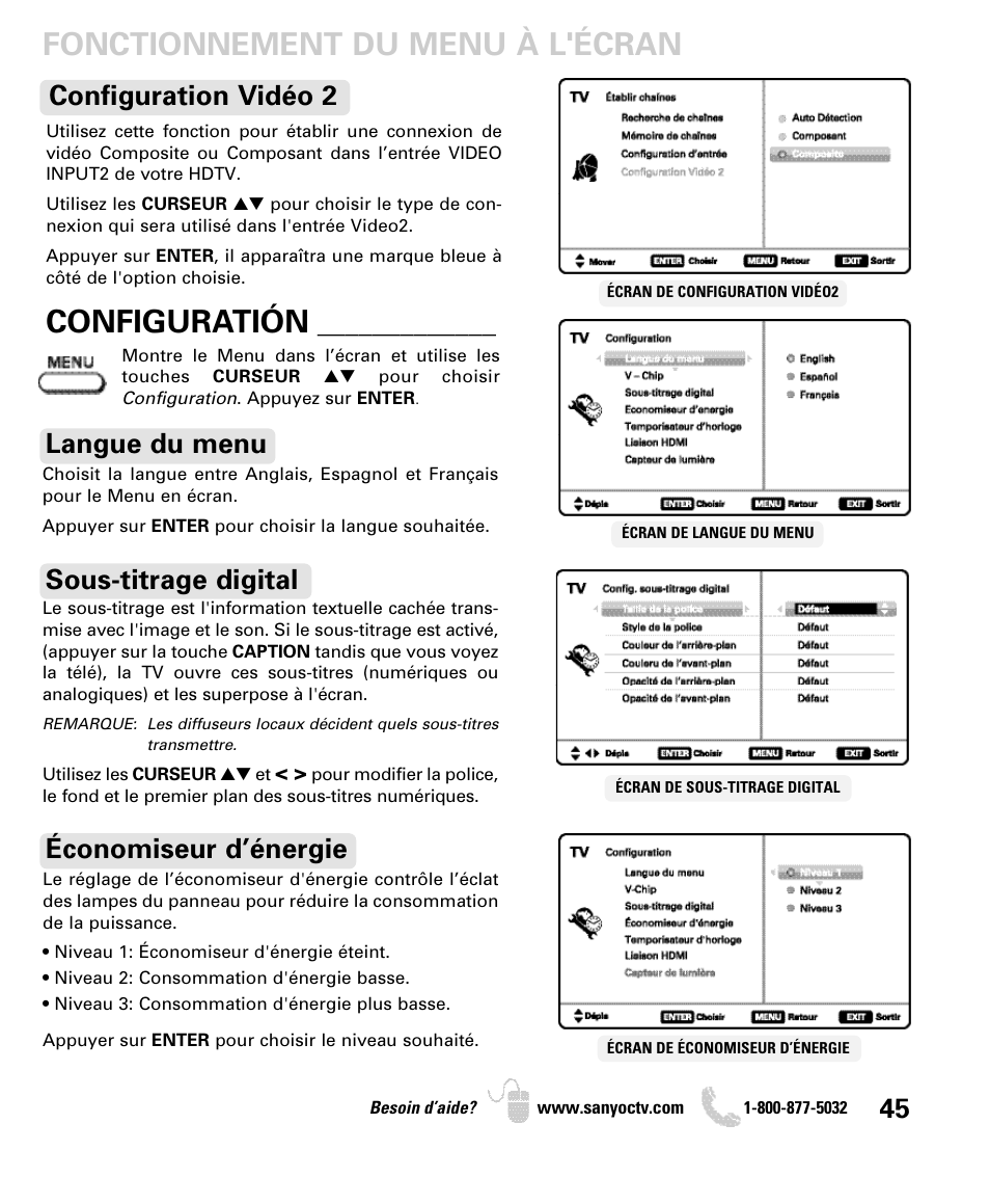 Fonctionnement du menu à l'écran, Configuratión, Langue du menu sous-titrage digital | Économiseur d’énergie, Configuration vidéo 2 | Sanyo DP42840 User Manual | Page 45 / 52