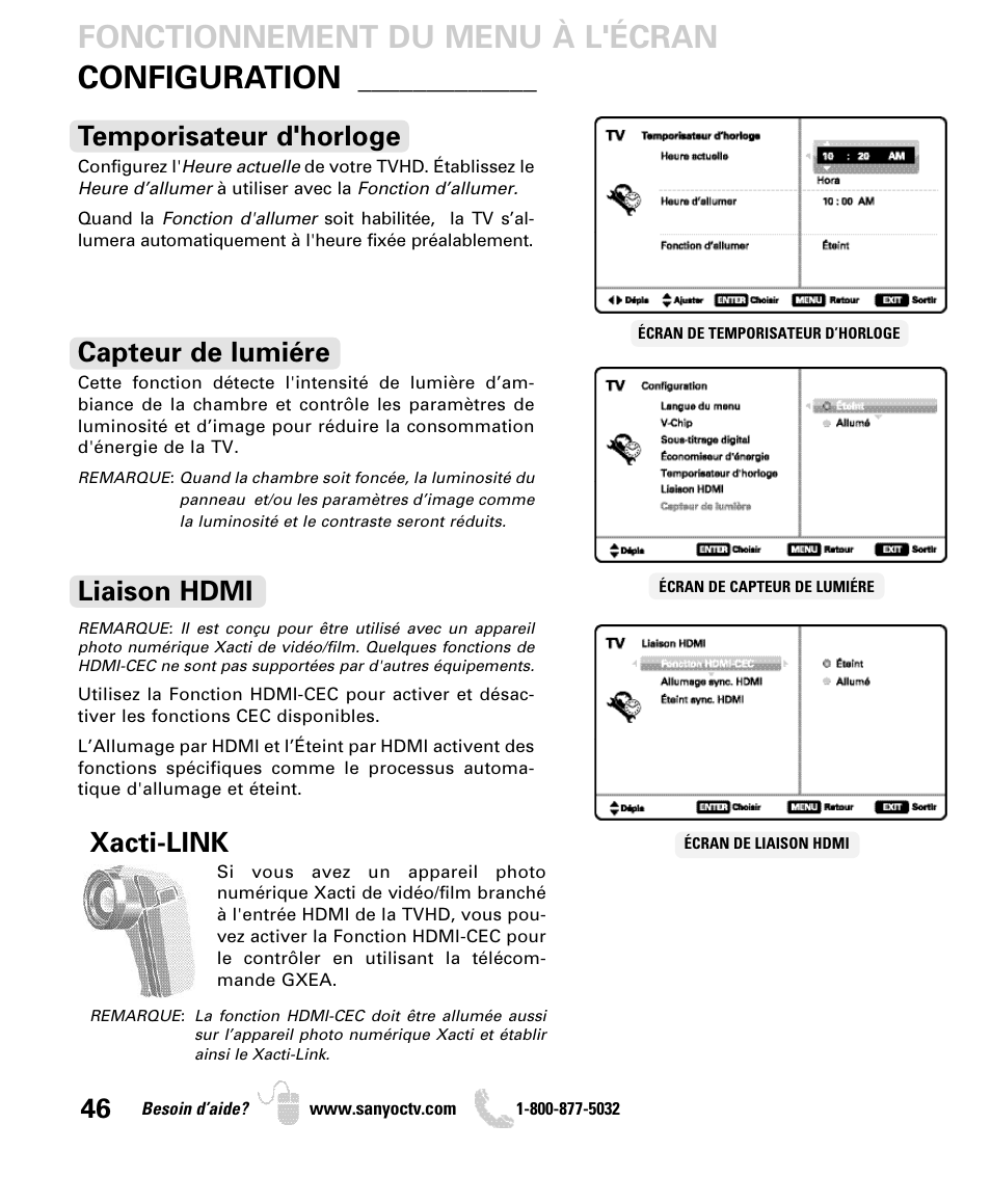 Fonctionnement du menu à l'écran configuration, Temporisateur d'horloge, Capteur de lumiére | Xacti-link, Liaison hdmi | Sanyo DP42840 User Manual | Page 46 / 52